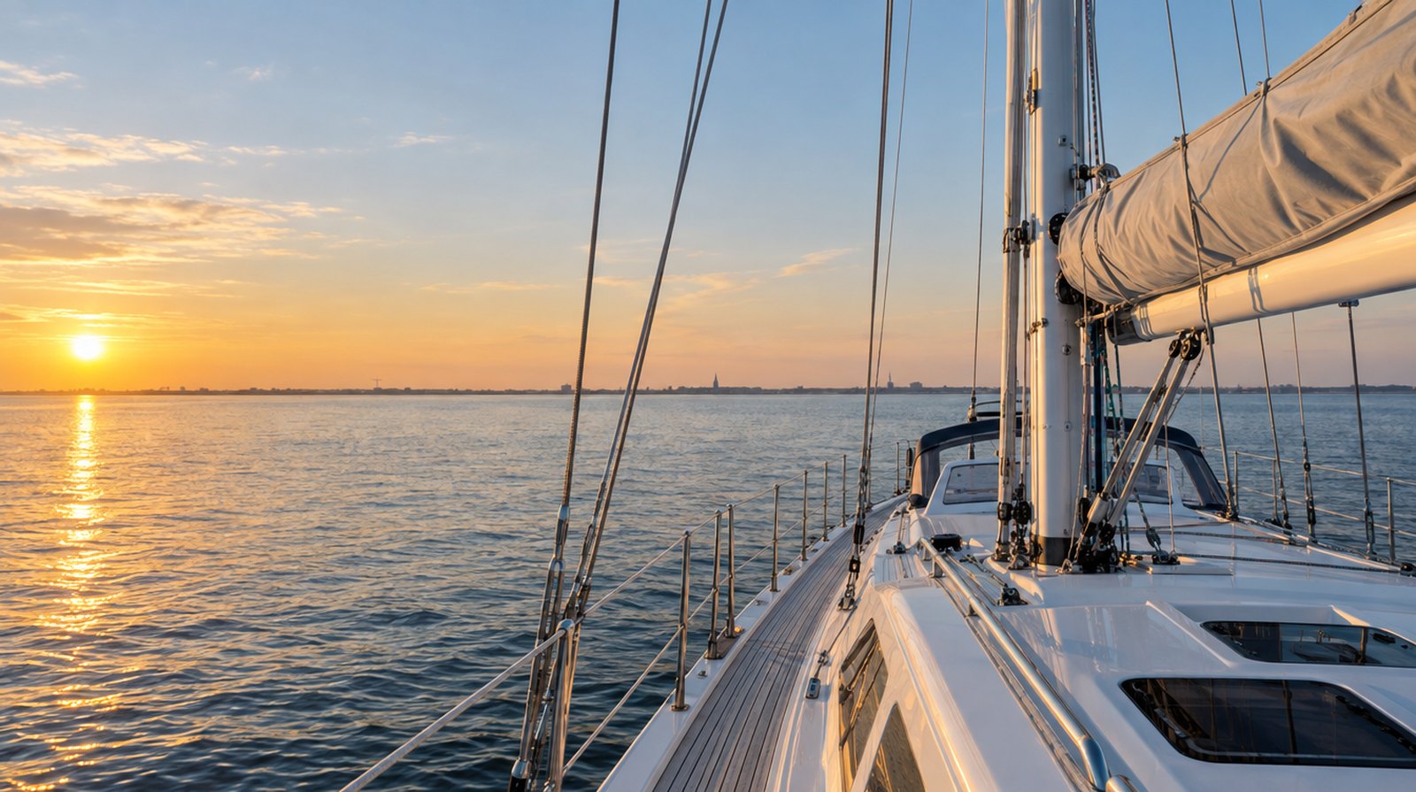 Dek van een zeiljacht bij zonsondergang op open water